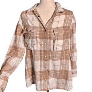 Tan and White Plaid Snap-Up Shirt American Eagle Lived In Flannel Small Snaps